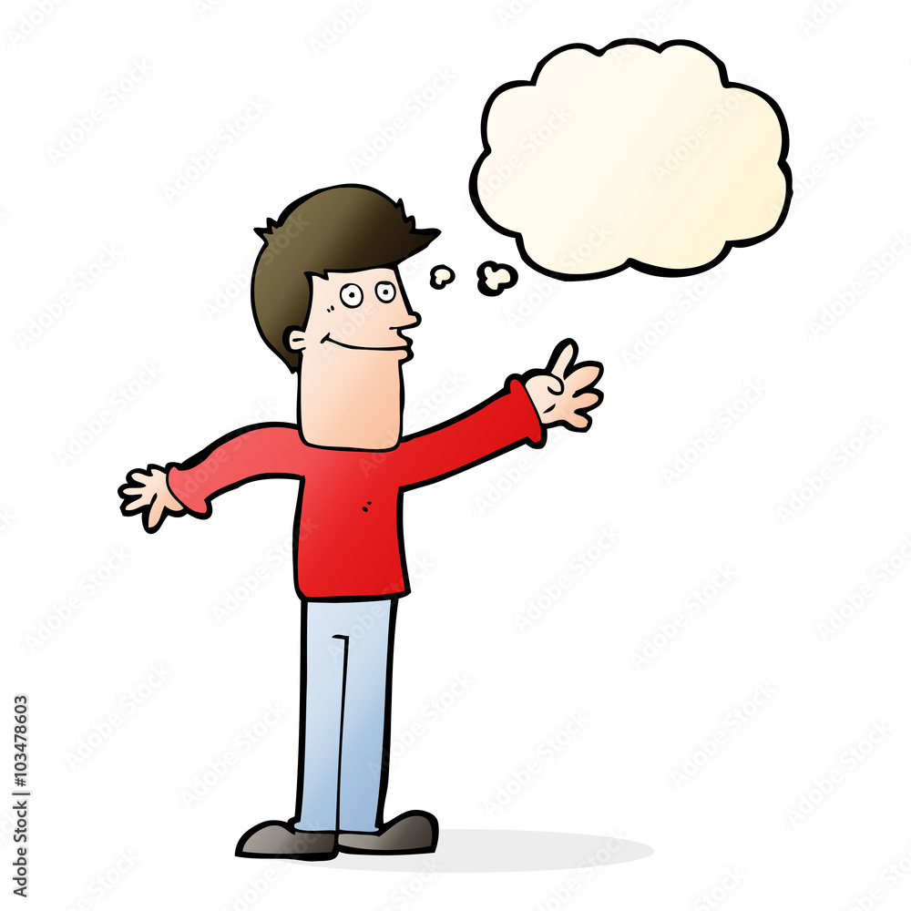 cartoon happy man waving with thought bubble cartoon happy man waving with thought bubble