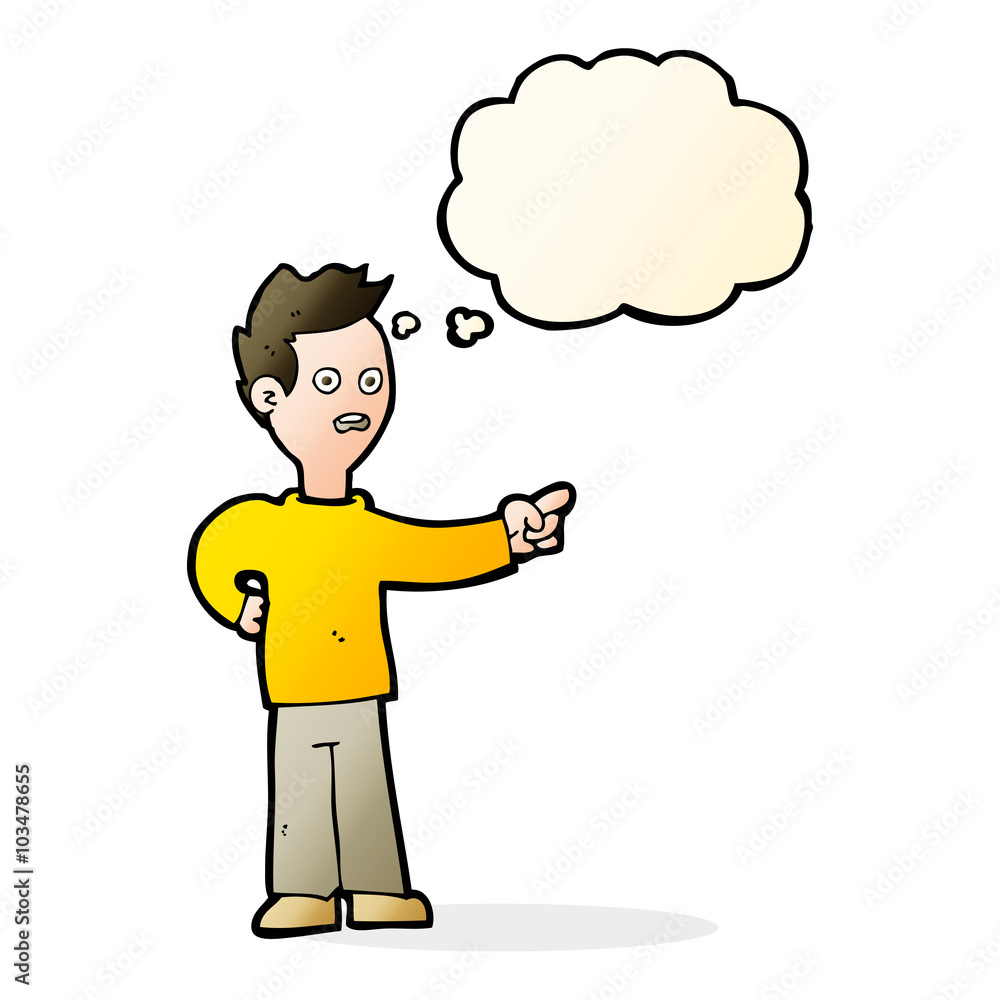 cartoon shocked boy pointing with thought bubble cartoon shocked boy pointing with thought bubble