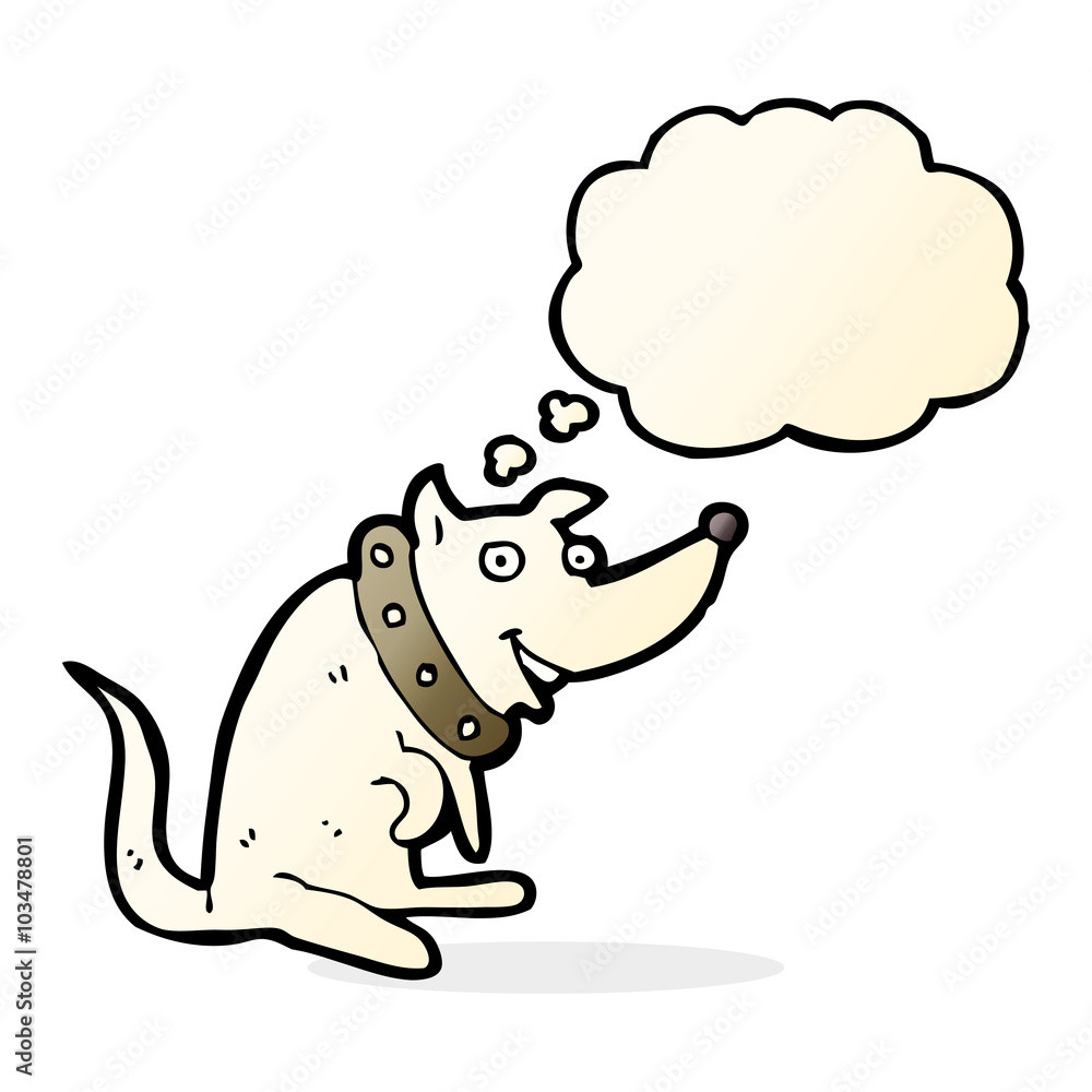 cartoon happy dog in big collar with thought bubble cartoon happy dog in big collar with thought bubble