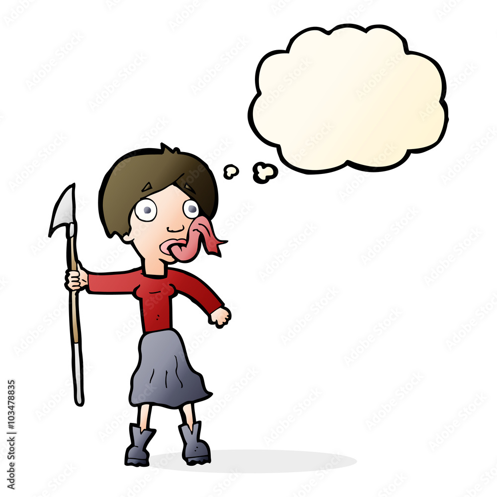 cartoon woman with spear sticking out tongue with thought bubble cartoon woman with spear sticking out tongue with thought bubble