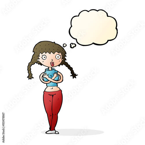 cartoon offended woman covering herself with thought bubble