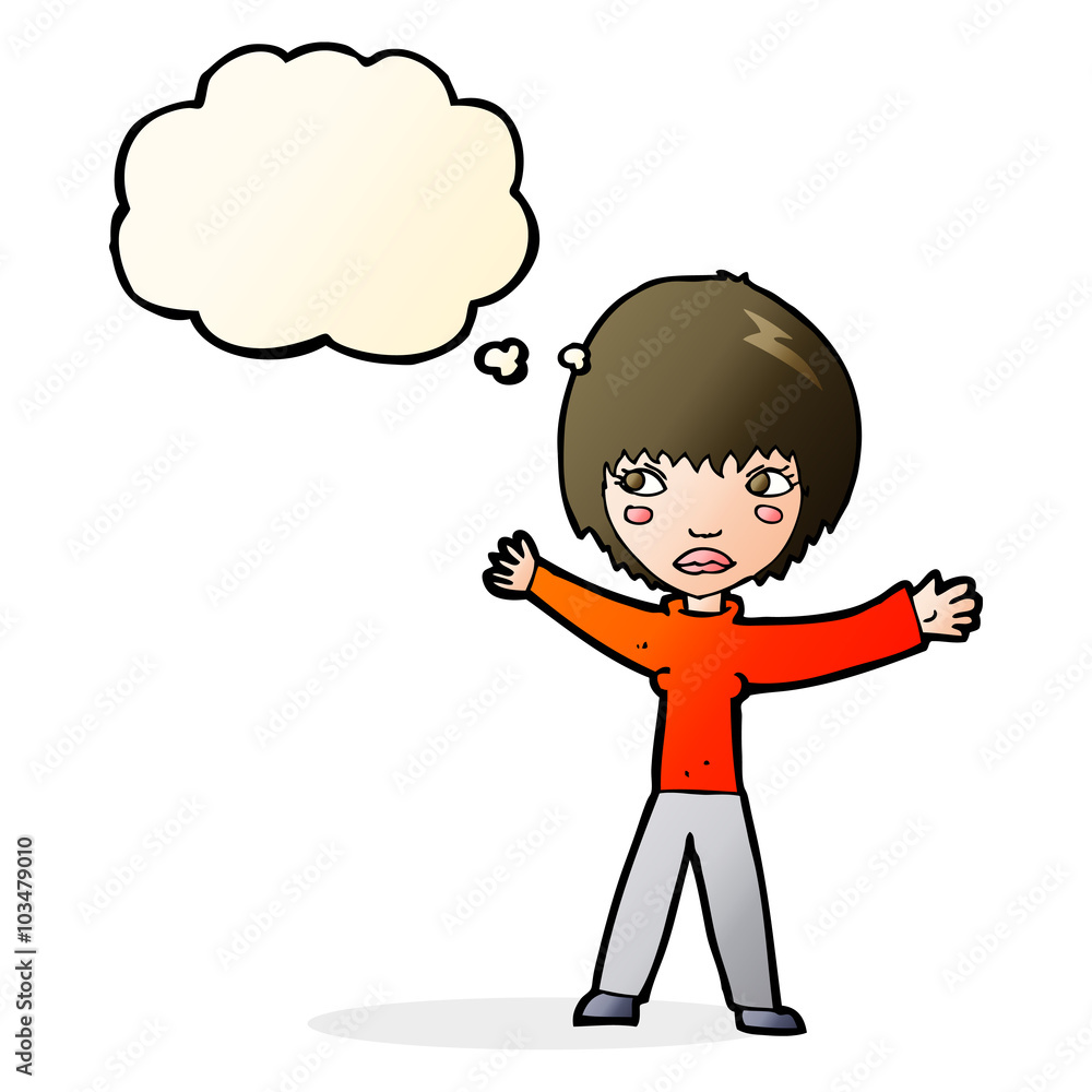 cartoon waving woman with thought bubble cartoon waving woman with thought bubble