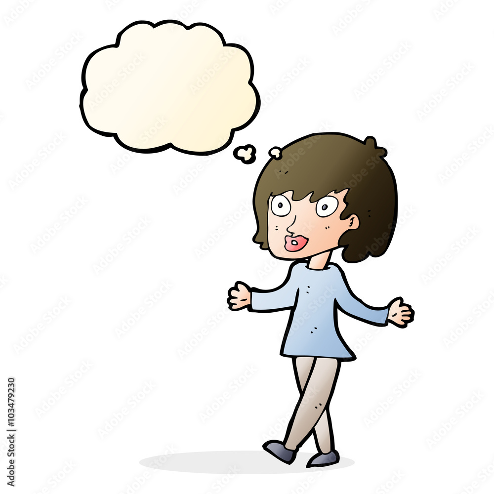 cartoon woman with open arms with thought bubble cartoon woman with open arms with thought bubble