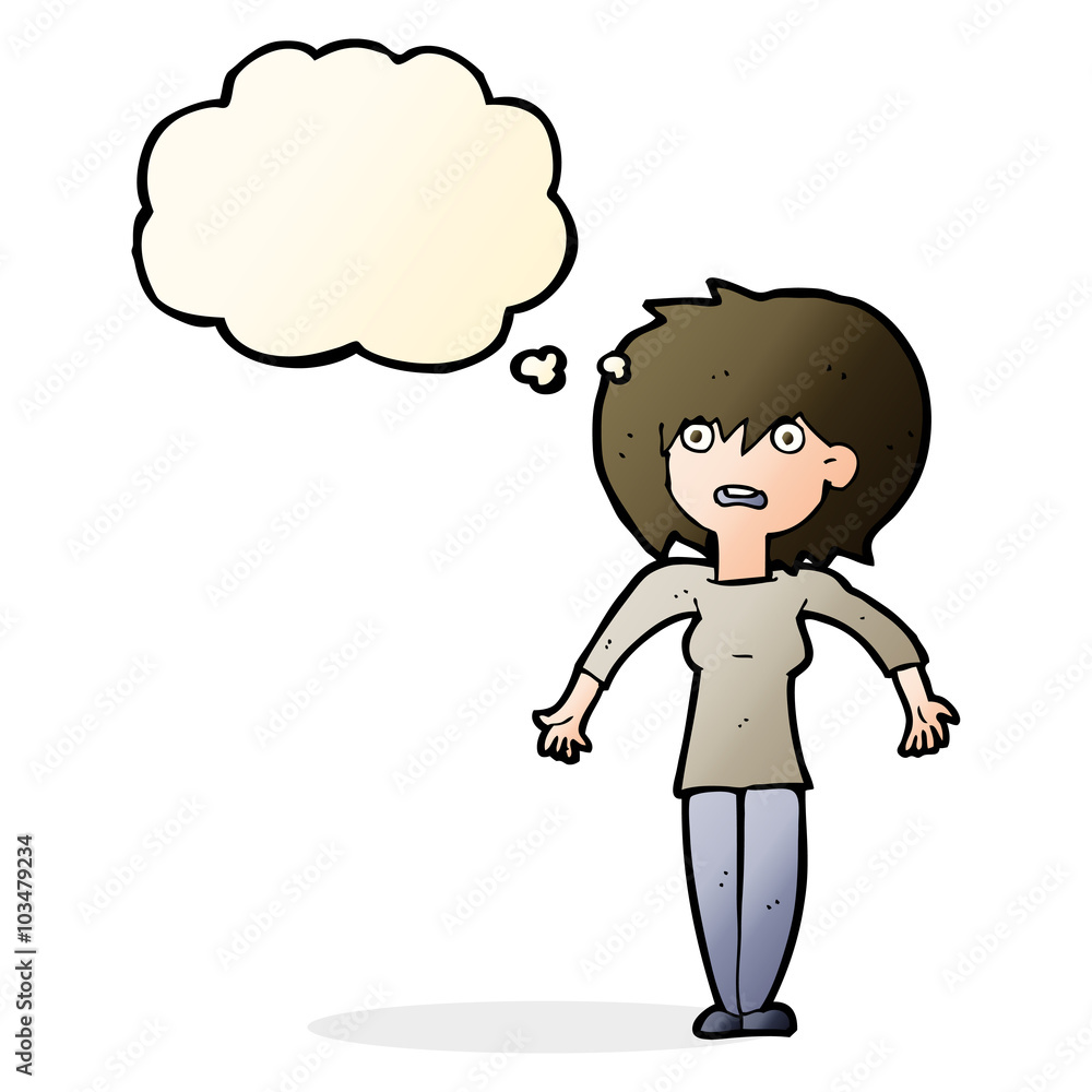 cartoon woman shrugging shoulders with thought bubble cartoon woman shrugging shoulders with thought bubble
