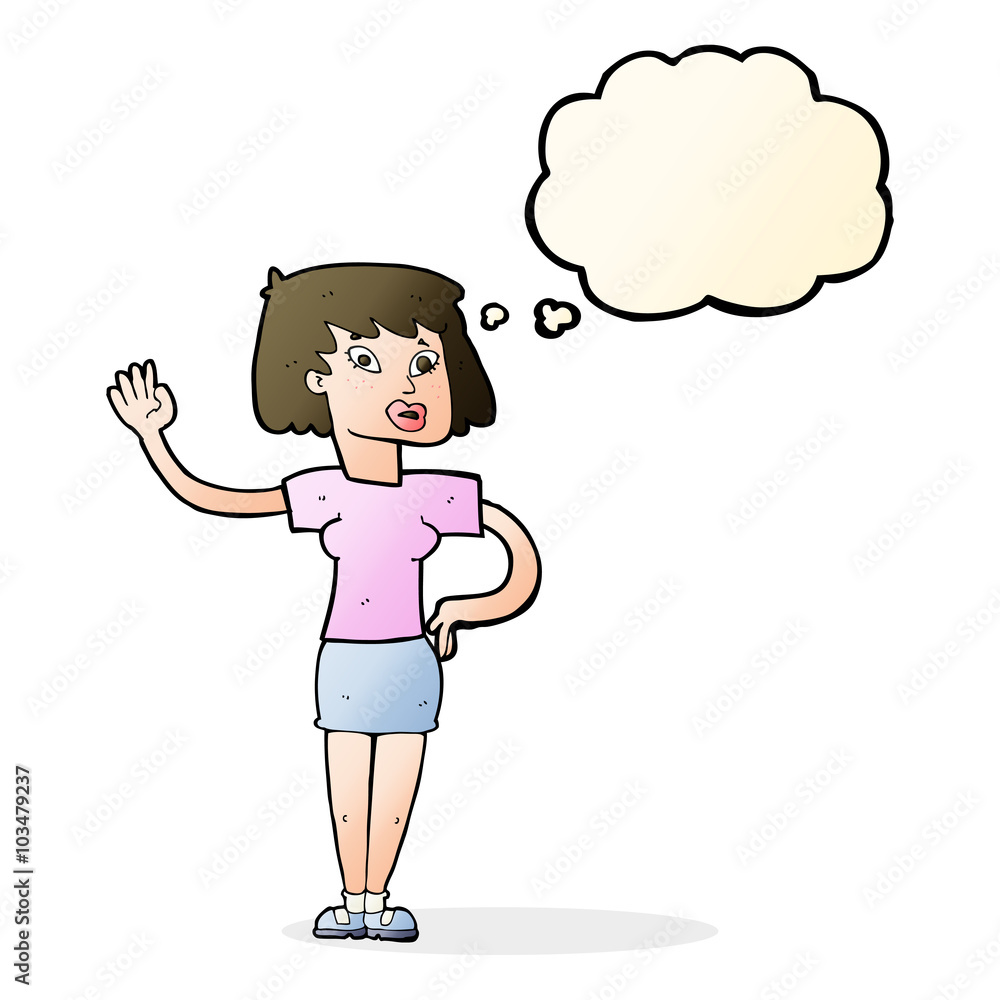 cartoon woman waving with thought bubble cartoon woman waving with thought bubble