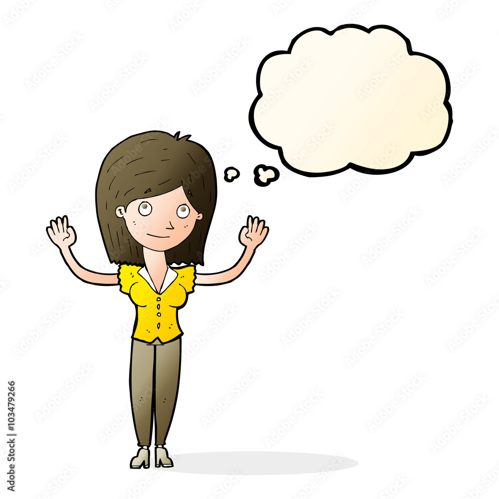cartoon woman holding up hands with thought bubble cartoon woman holding up hands with thought bubble