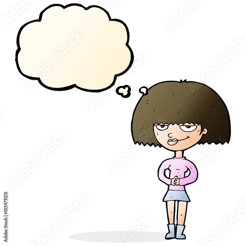 cartoon sly woman with thought bubble