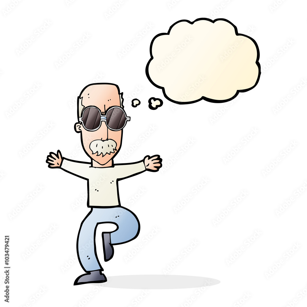 cartoon old man wearing big glasses with thought bubble