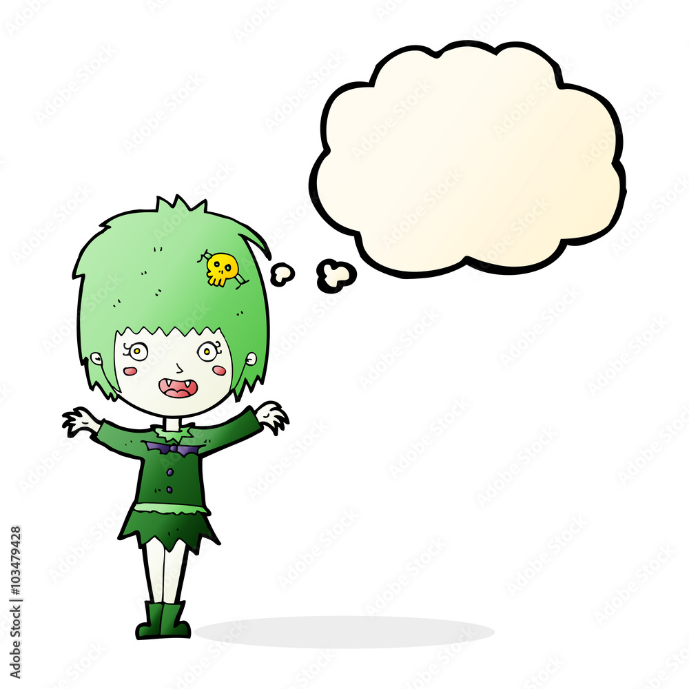 cartoon happy vampire girl with thought bubble