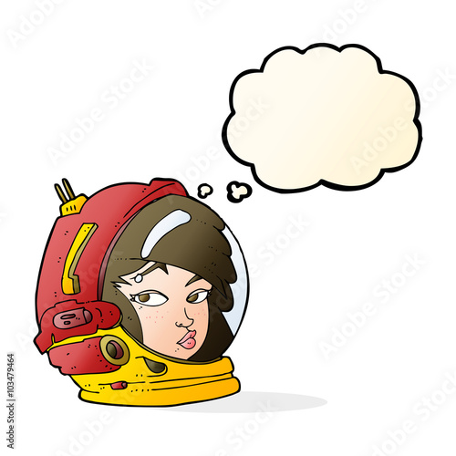 cartoon female astronaut with thought bubble