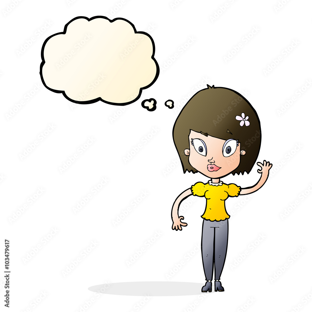 cartoon pretty woman waving with thought bubble cartoon pretty woman waving with thought bubble