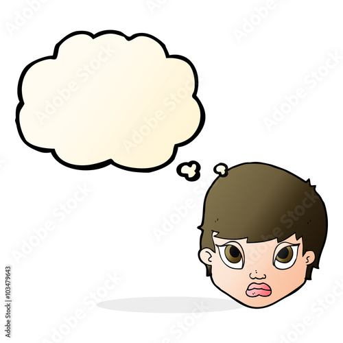 cartoon sulking woman with thought bubble