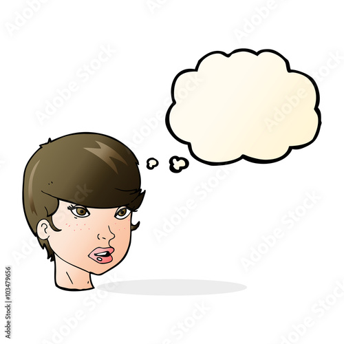 cartoon pretty female face with thought bubble