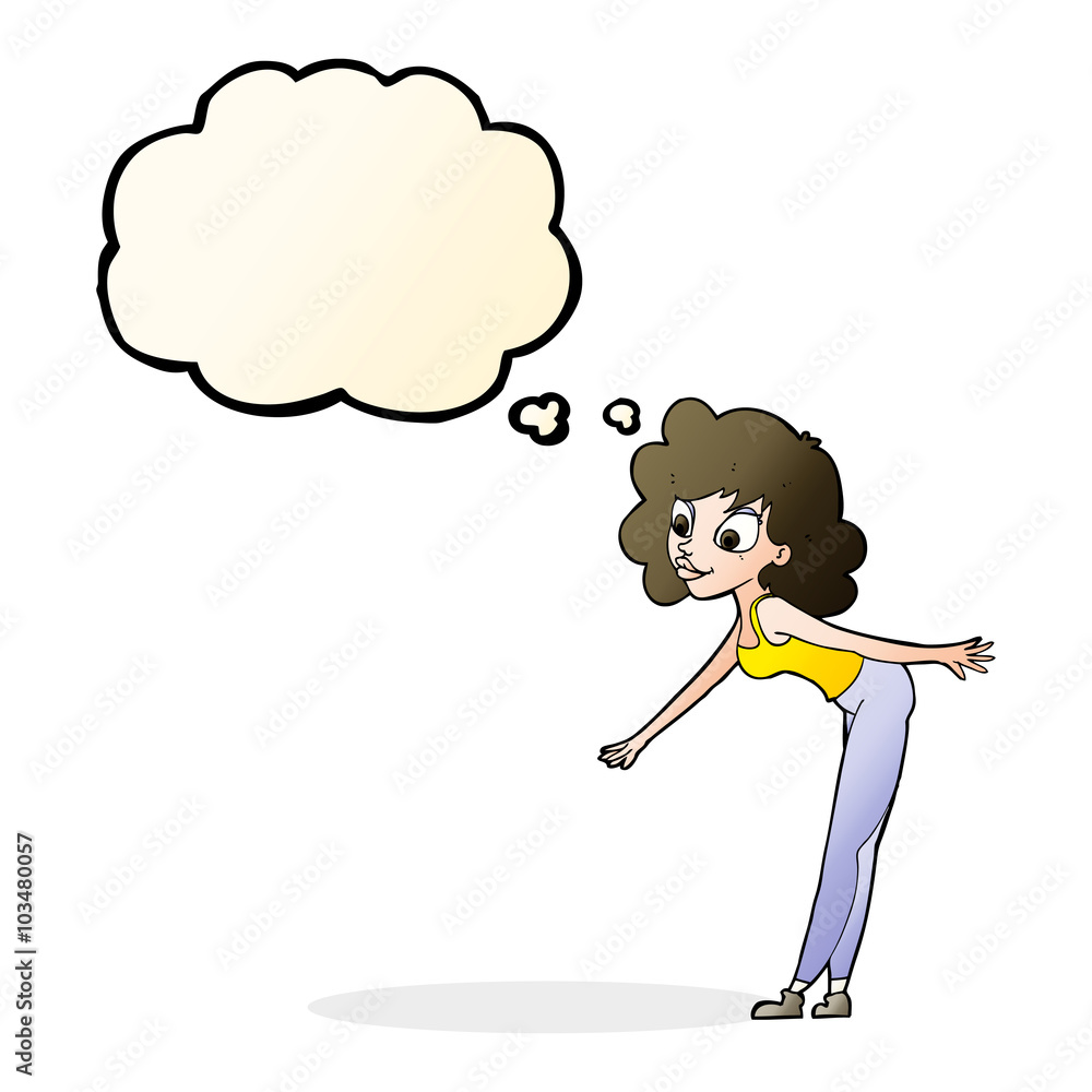 cartoon woman reaching to pick something up with thought bubble cartoon woman reaching to pick something up with thought bubble