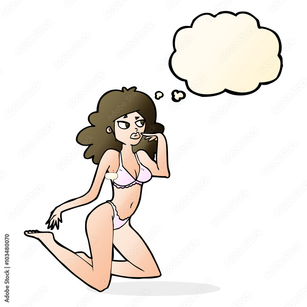 cartoon woman in underwear looking thoughtful with thought bubbl cartoon woman in underwear looking thoughtful with thought bubbl