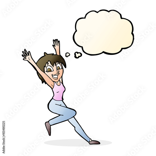 cartoon excited woman with thought bubble
