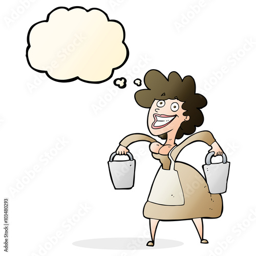 cartoon milkmaid carrying buckets with thought bubble