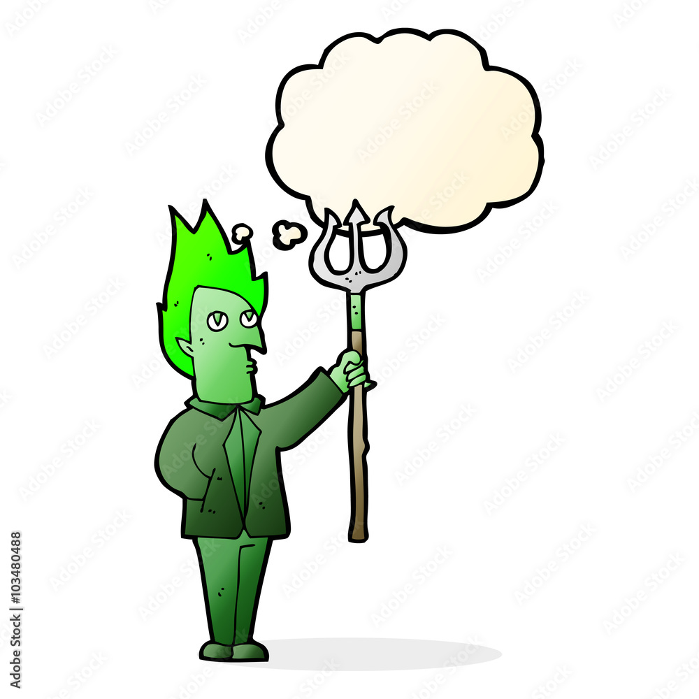 Fototapeta premium cartoon devil with pitchfork with thought bubble
