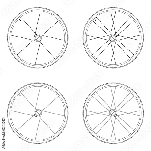 Bicycle spoke wheel tangential lacing pattern 1X black and white color isolated on white background