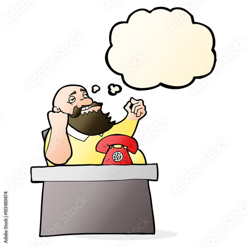 cartoon arrogant boss man with thought bubble