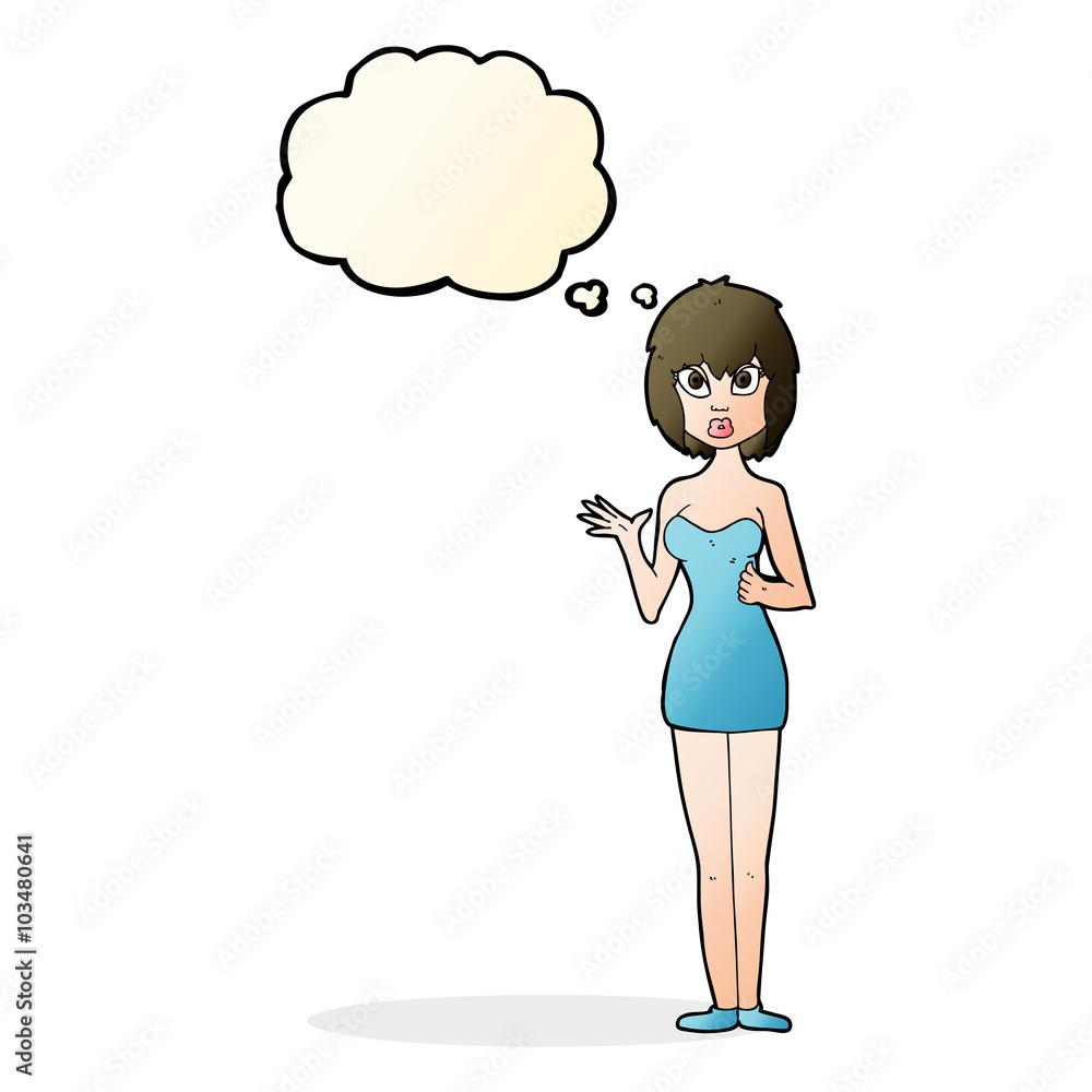 cartoon confused woman in cocktail dress with thought bubble cartoon confused woman in cocktail dress with thought bubble