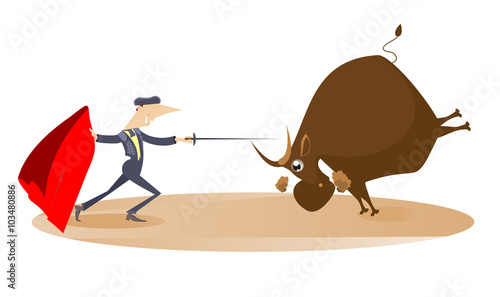 Bullfight. Bullfighter aims to the bull by sword
