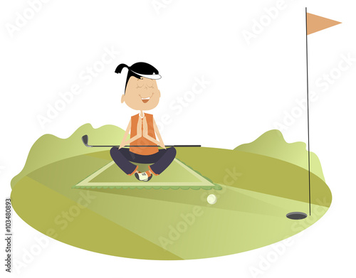 Pretty young woman meditates on the golf course. 