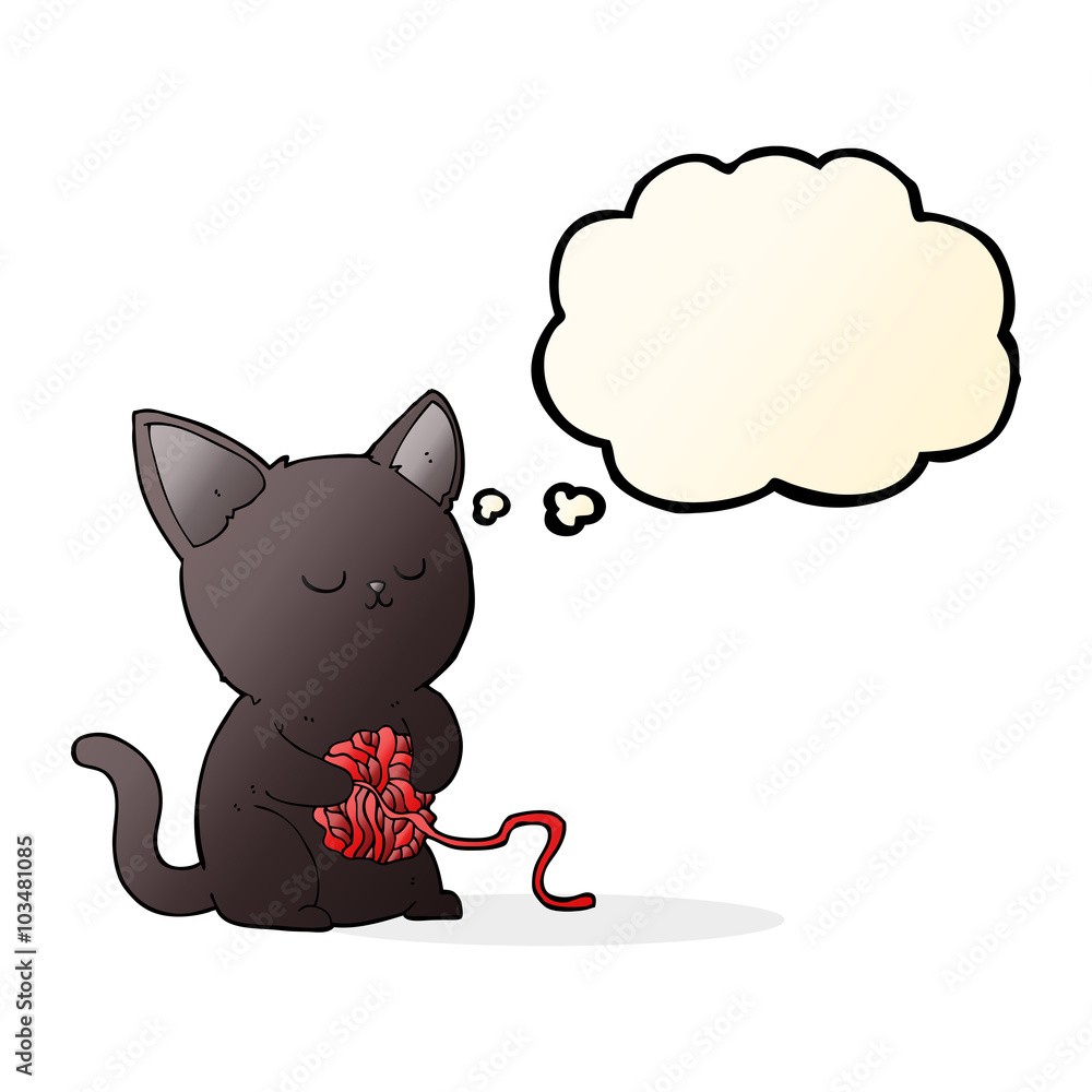 cartoon cute black cat playing with ball of yarn with thought bu cartoon cute black cat playing with ball of yarn with thought bu