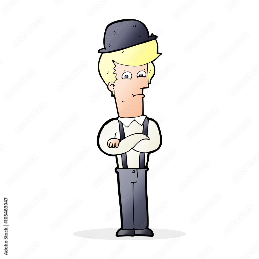 cartoon man in bowler hat with crosssed arms