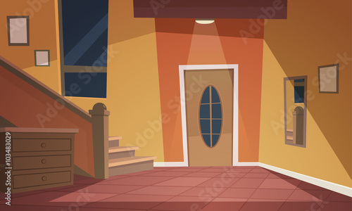 Cartoon illustration of retro style house hallway.
