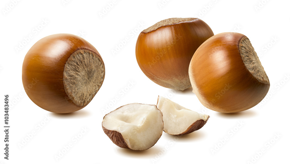 Obraz premium Hazelnut group pieces isolated on white background