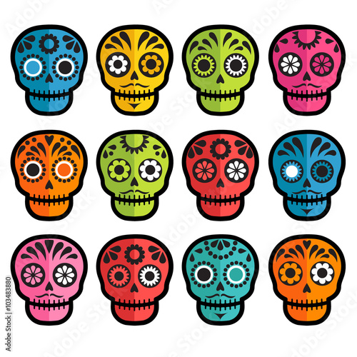 colorful patterned skull set, Mexican day of the dead stickers