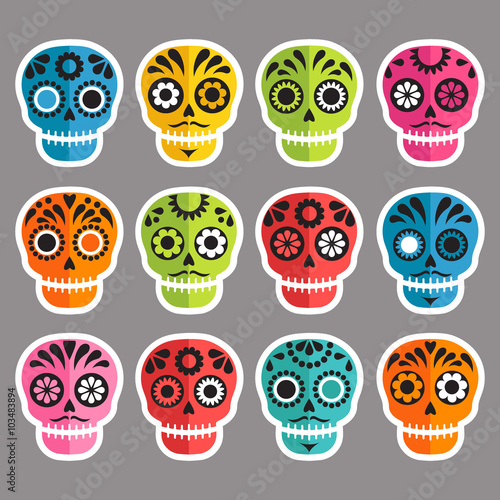 colorful patterned skull set, Mexican day of the dead stickers
