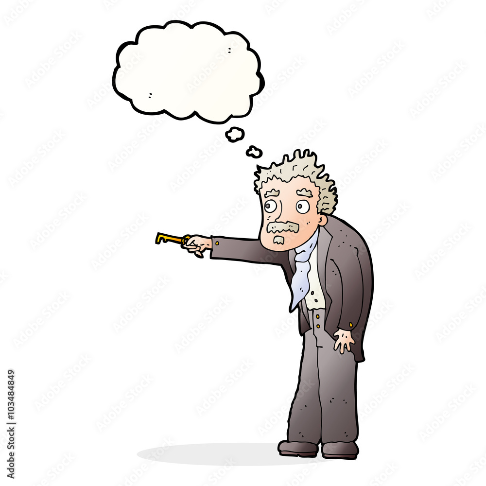 Fototapeta premium cartoon man trembling with key unlocking with thought bubble