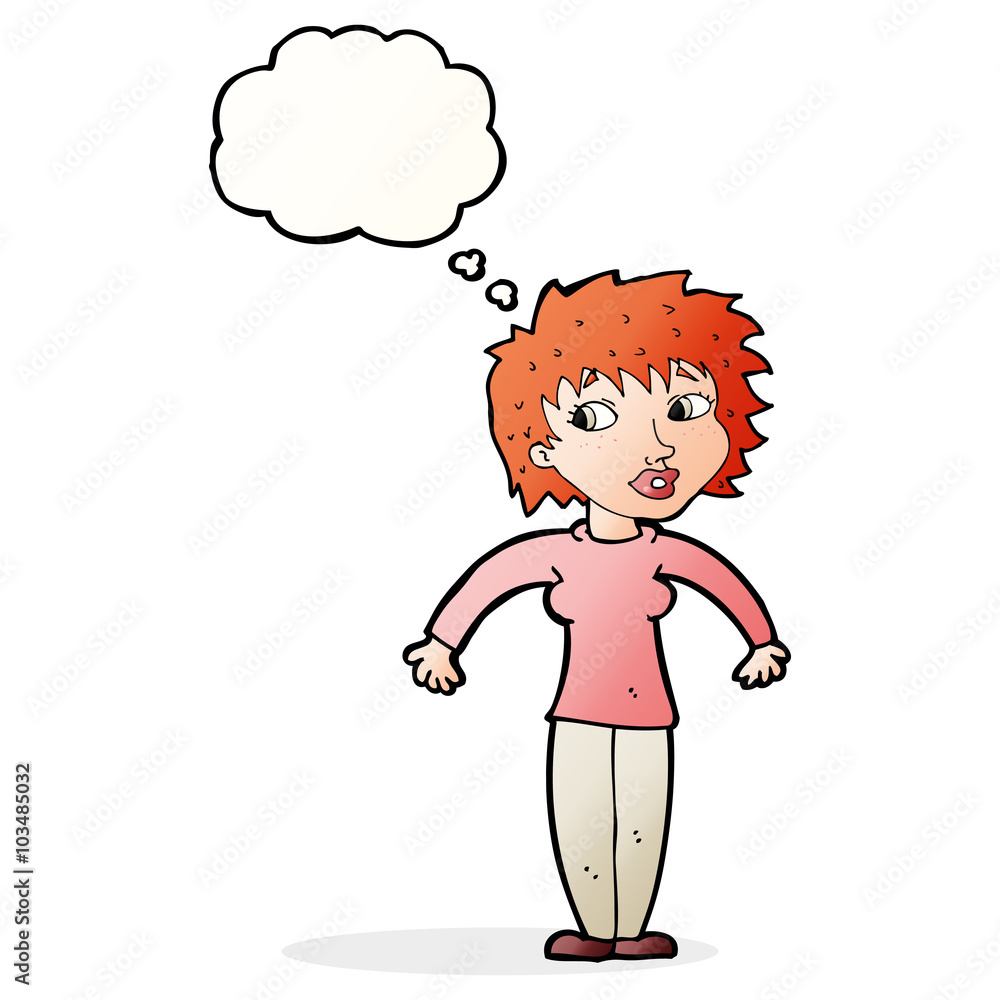 cartoon woman shrugging shoulders with thought bubble cartoon woman shrugging shoulders with thought bubble
