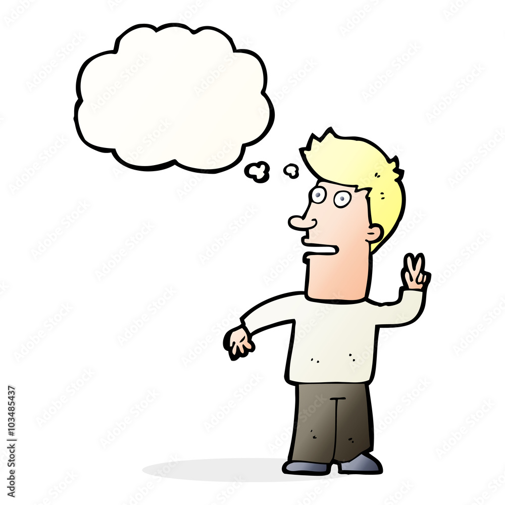 cartoon man making peace sign with thought bubble cartoon man making peace sign with thought bubble