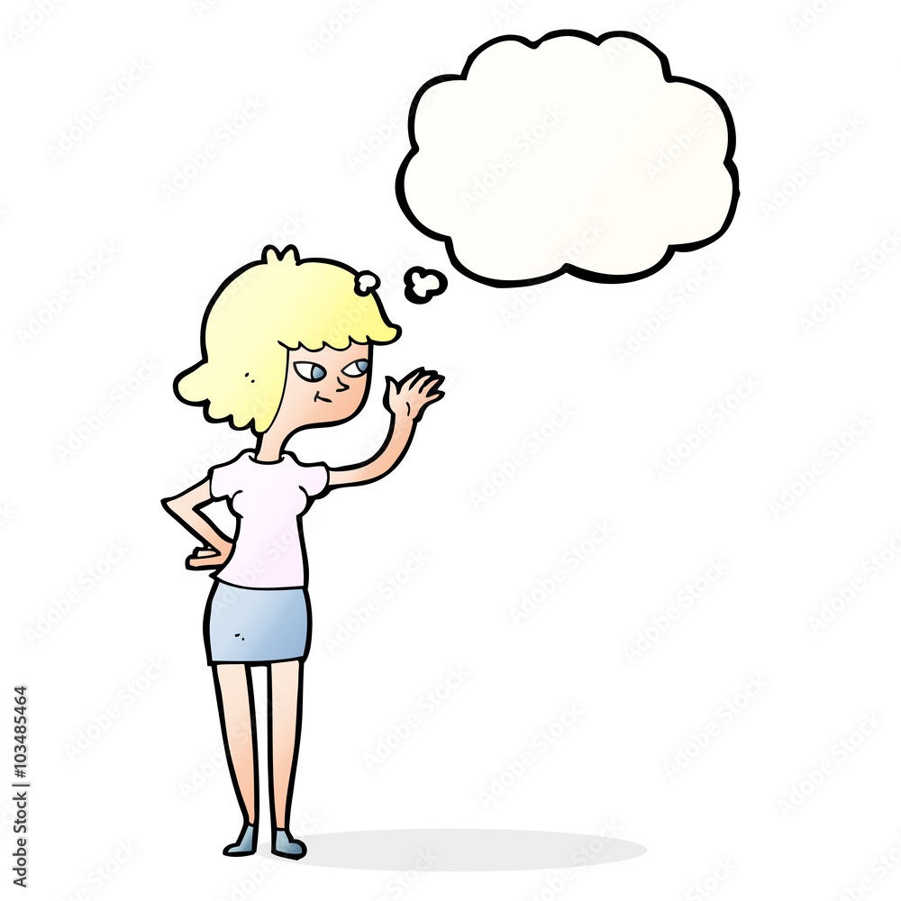 cartoon friendly girl waving with thought bubble cartoon friendly girl waving with thought bubble