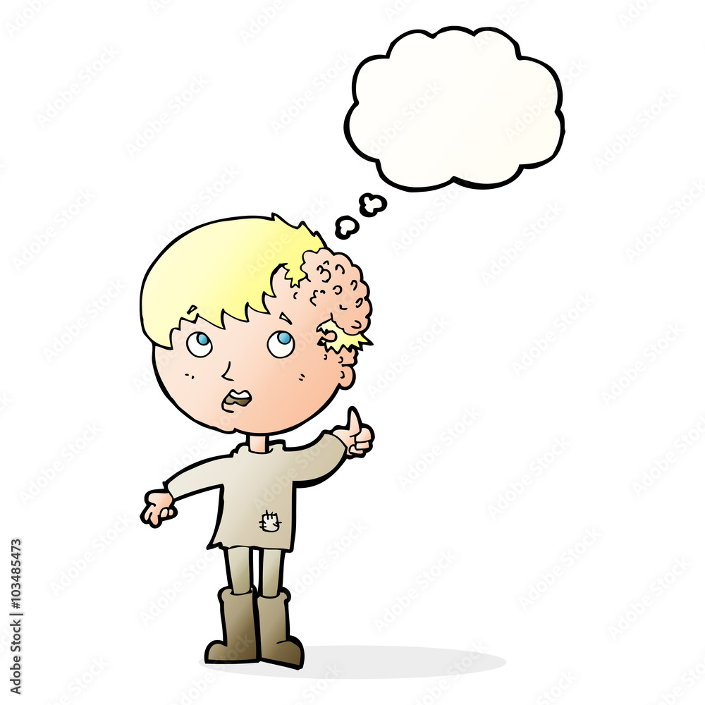 cartoon boy with growth on head with thought bubble cartoon boy with growth on head with thought bubble