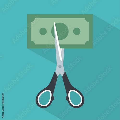 Cut price icon concept. Scissors cutting money bill in half. Vector illustration in flat style