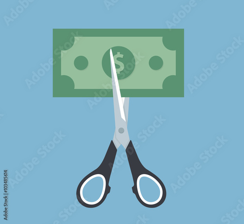 Scissors cutting money bill in half. Flat design