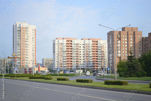 City street in the morning. Editorial image. City Novokuznetsk, Kemerovo region, Russia. One of the central streets of the city.