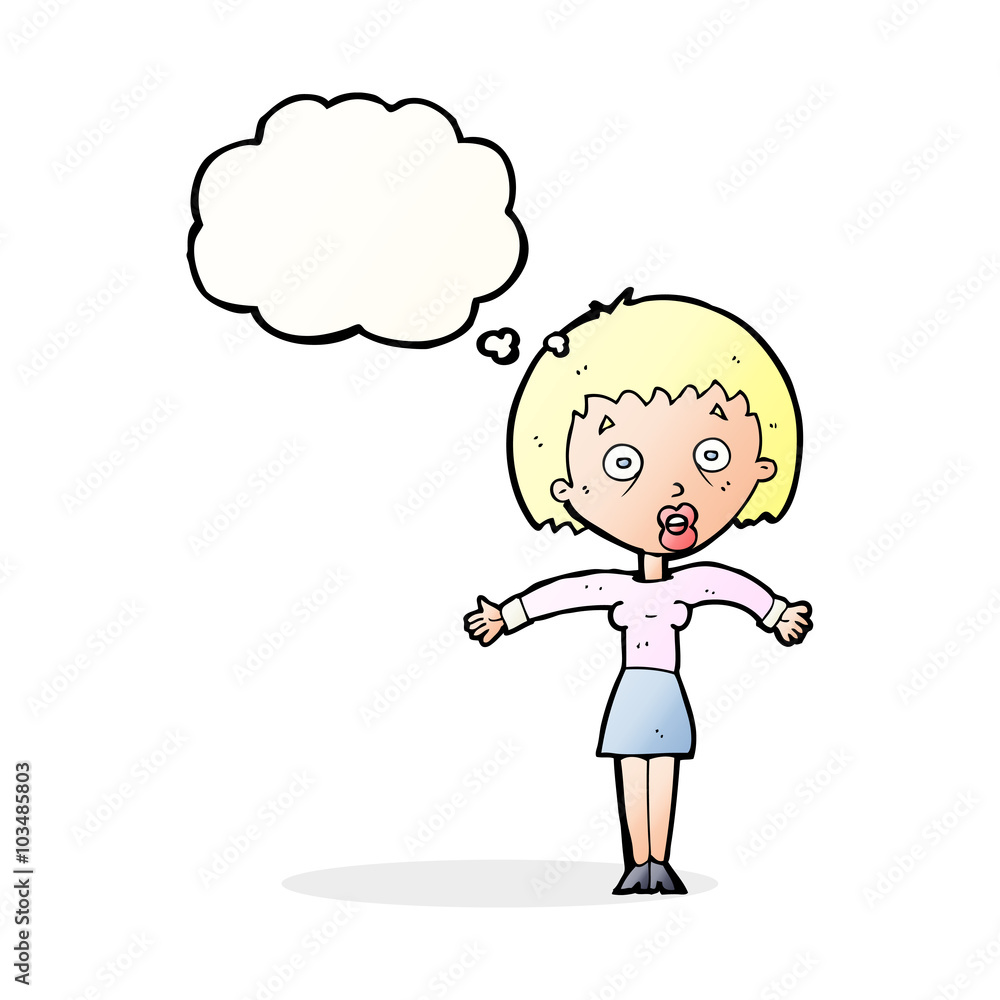 cartoon woman shrugging shoulders with thought bubble cartoon woman shrugging shoulders with thought bubble