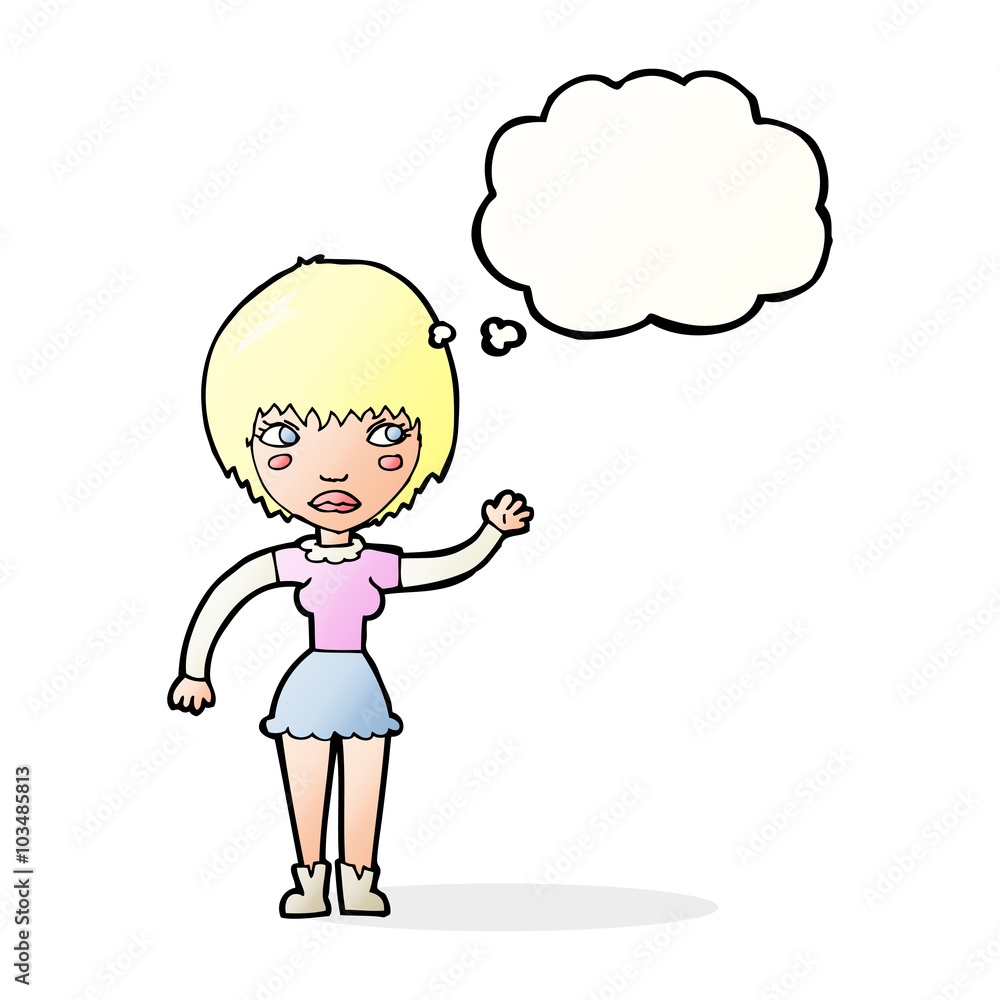 cartoon waving woman with thought bubble cartoon waving woman with thought bubble