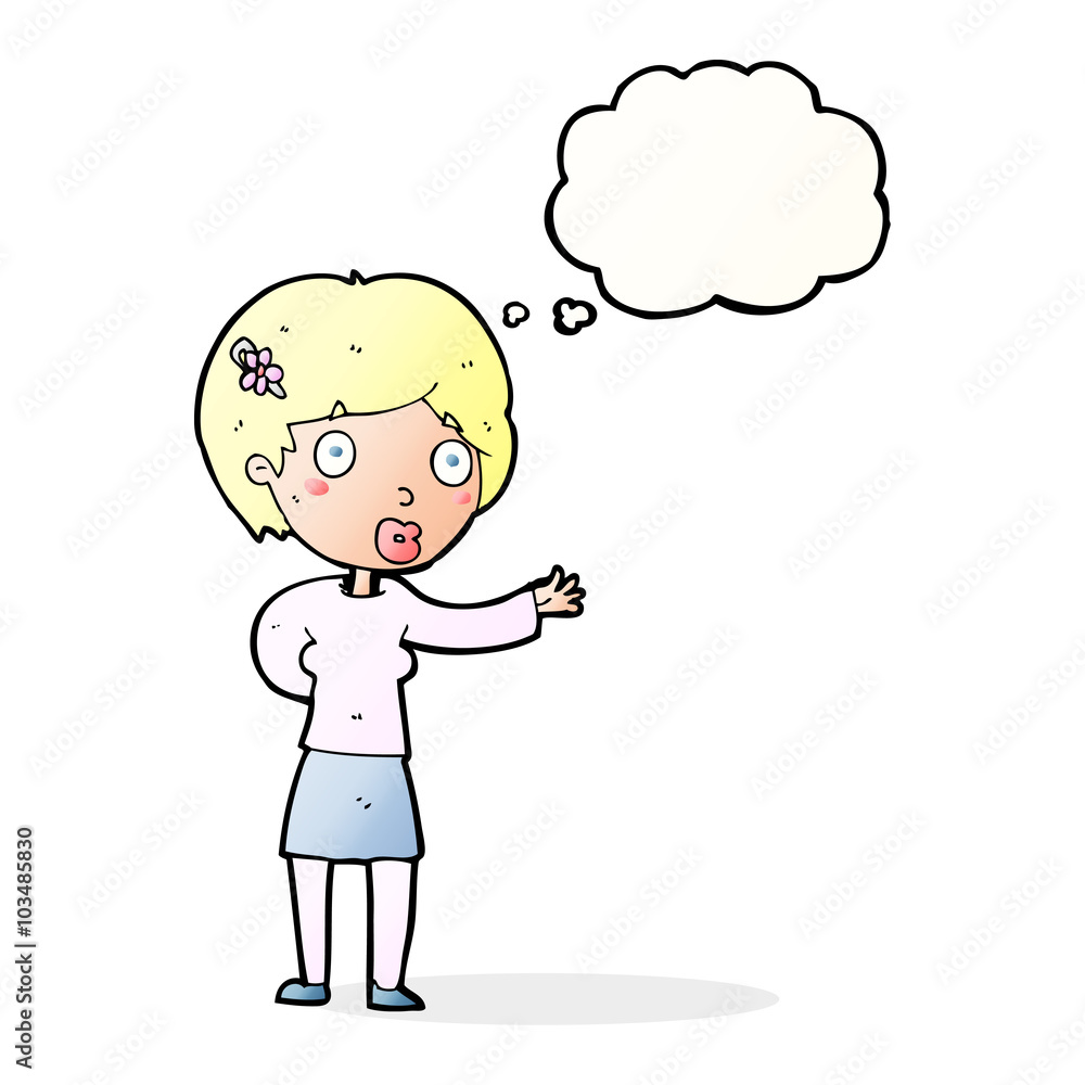 cartoon waving woman with thought bubble cartoon waving woman with thought bubble