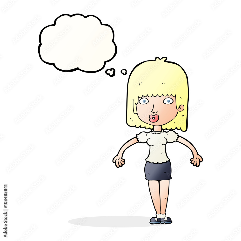 cartoon woman shrugging shoulders with thought bubble cartoon woman shrugging shoulders with thought bubble