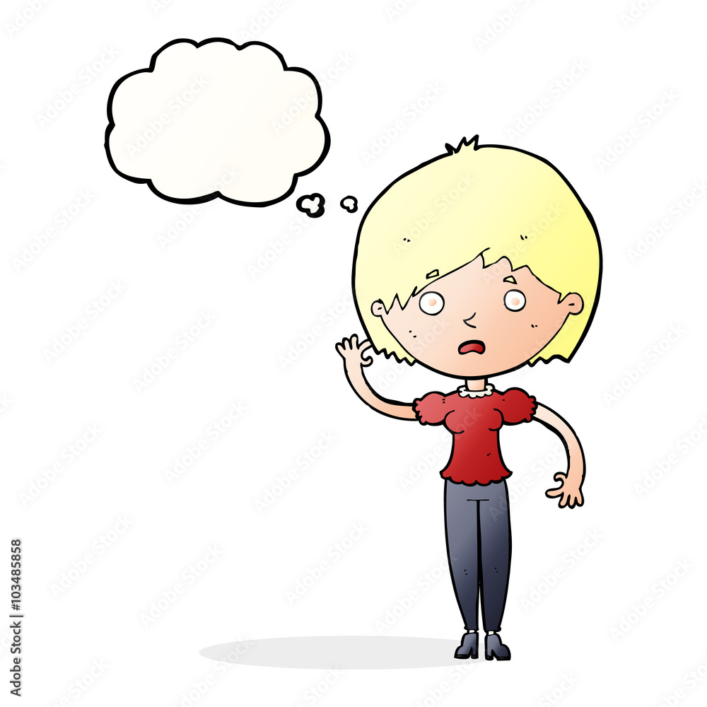 cartoon waving woman with thought bubble cartoon waving woman with thought bubble