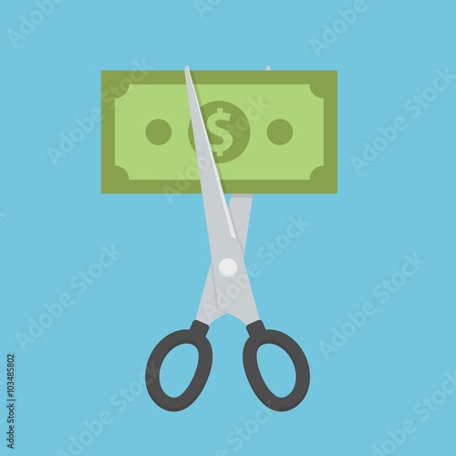 Price or cost reduction concept. Scissors cutting money bill. Flat style