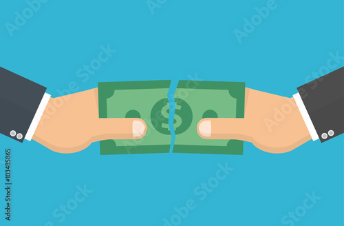 Hands tearing apart a money bill in two pieces - split up or fighting over money concept. Flat design