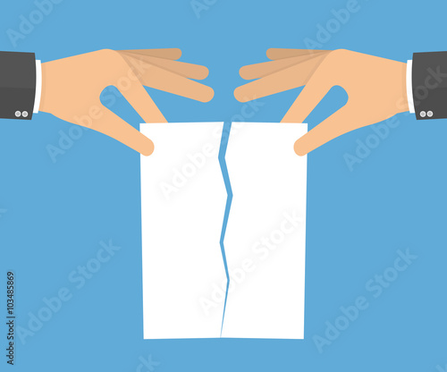 Hands tearing apart a blank sheet of paper. Flat style