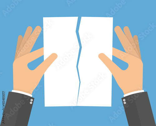 Hands tearing apart a blank sheet of paper. Flat style